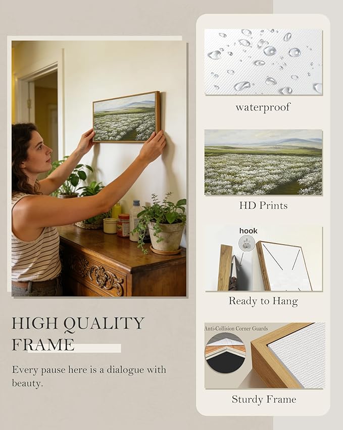 SHENIFY Vintage Landscape Framed Wall Art Meadow with Flowers Scenery Farmhouse Decor Rustic Retro Grassland Wildflower Field Painting for Kitchen Bedroom Bathroom - 8x16in Natural Framed