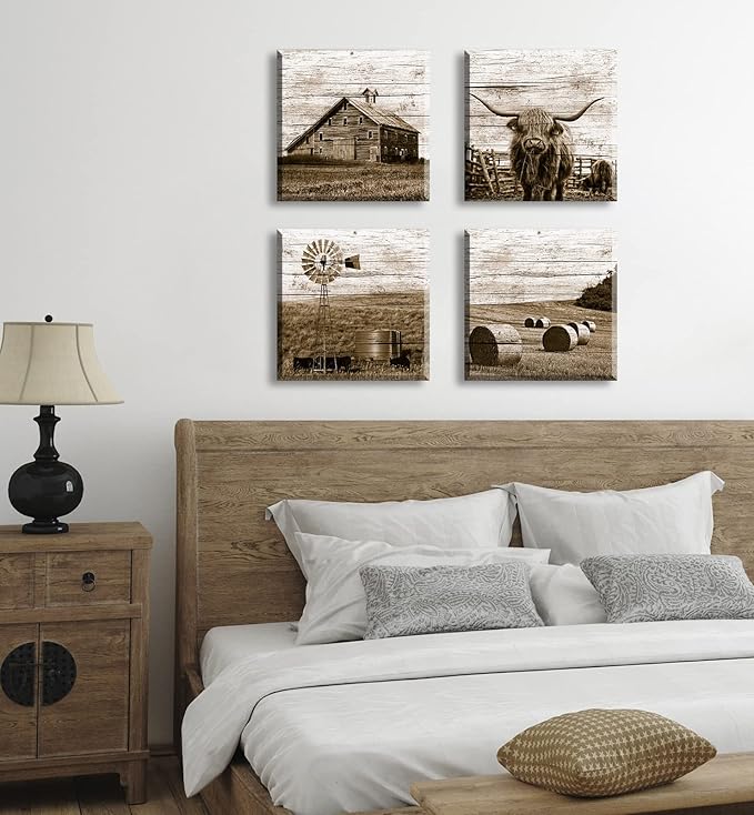 DJSYLIFE Western Decor Farmhouse Wall Decor Highland Cow Wall Art Rustic Painting Poster for Men's Bedroom Office Canvas Printed Poster Home Decoration Artwork 12" Wx12 Hx4