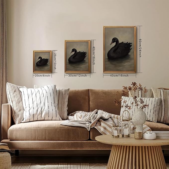 Aroutde Framed Swan Canvas Wall Art for Living Room, Vintage Gold Framed Black Swan Painting Wall Decor, Moody Animal Farmhouse Artwork Home Decor 16W''x 24L''