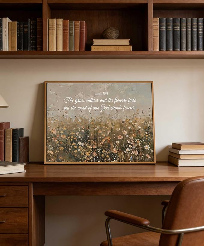 Framed Christian Floral Scripture Canvas Wall Art Wildflower Meadow Bible Verse Wall Decor Picture Isaiah Religious Faith Art Poster Print for Living Room Bedroom Decoration 8x10in
