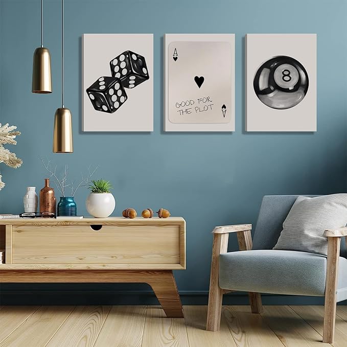3Pcs Black and White Poker Dice Canvas Wall Art Funky Retro Y2K Trendy Preppy Pictures Lucky 8 Ball Poster Prints Artwork Painting for Game Room Apartment Dorm Aesthetic Decor 16x24in