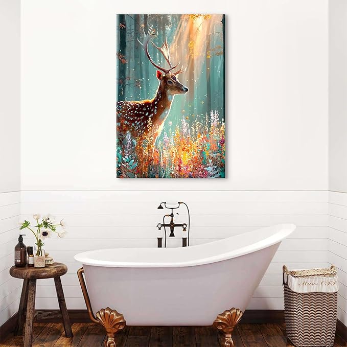 Fall Forest Wall Art Deer Wall Decor Rustic Wildlife Animal Painting Nature Autumn Landscape Canvas Prints Colorful Flowers Picture Farmhouse Elk Artwork for Kitchen Living Room Home Decoration 32x48"