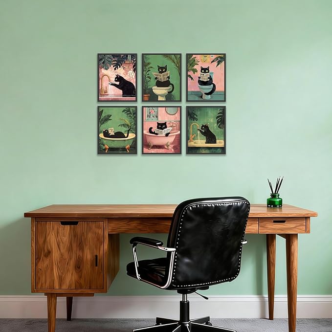 KBKBART Funny Cat Bathroom Wall Art Prints Poster, Black Cat Pictures Bathroom Canvas Wall Decor Toilet Art Vintage Painting Artwork Set of 6 Unframed Posters, 8x10 inches