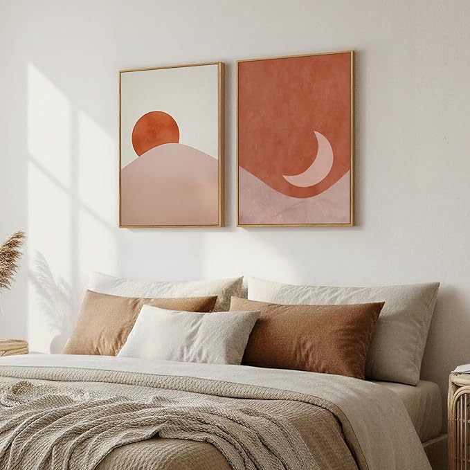 Framed Boho Sun and Moon Set of 2 Wall Art, Terracotta Blush Mid Century Modern Canvas Artwork for Walls, Bohemian Abstract Painting Print for Living Room Bedroom Hallway Office Wall Decor, 16x24 Inch