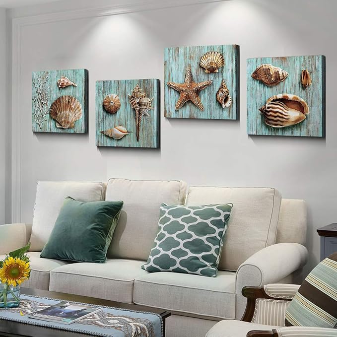 Teal Shells Wall Art Home Decor for Bathroom Shell Conch Framed Canvas Prints Cyan Sea Ocean Blue Plank Marine Life Coral Starfish Paintings Pictures Living Room Homes Decoration Set 4 Piece 24x24