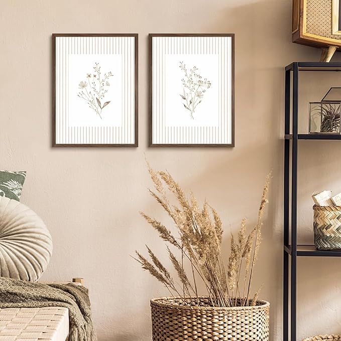 2Pcs Neutral Wildflower Wall Art Vintage Floral Botanical Canvas Wall Decor Watercolor Striped Boho Flower Bouquet Pictures Prints Posters for Bedroom Farmhouse Wall Decor 16X24 Inch Unframed