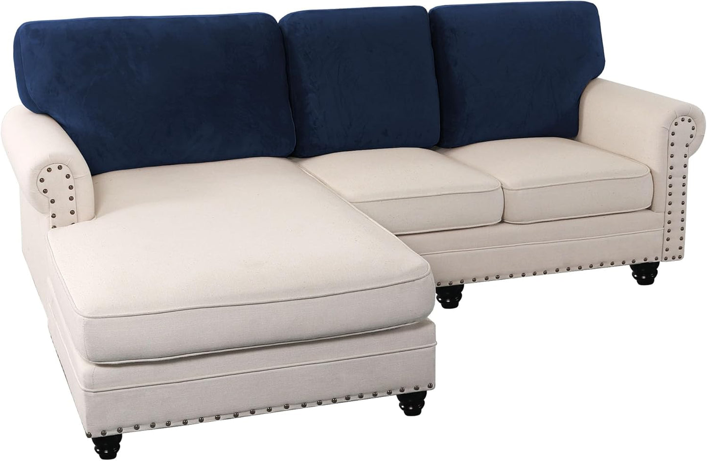 PrinceDeco Sectional Couch Covers Velvet Cushion Covers for Sectional Couch Cushion Covers for Sectional Sofa Separate Sectional Sofa Slipcovers Washable(1 Chaise Back+ 2 Sofa Back,Navy)