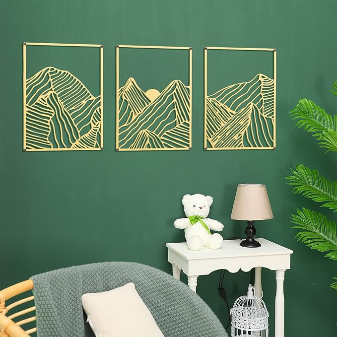 Peryiter 3 Pcs Metal Wall Art Decor Landscape Mountain Wall Hanging Decor for Living Room Abstract Minimalist Modern Mountain Line Pictures Bathroom Office Home Gifts Indoor(Gold)
