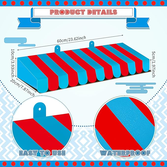 Boao 4 Pack Circus Awning Decoration 3D Stripe Cardboard Awning Carnival Wall Decor Circus Party Favors for Lemonade Stand Bakery Ice Cream Truck Bulletin Board Decor(Red and Blue)