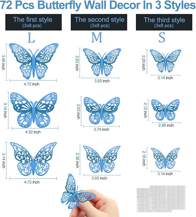 72 Pcs 3D Butterfly Wall Decor - 3 Styles, 3 Sizes, Blue, Wedding & Birthday Party Decorations