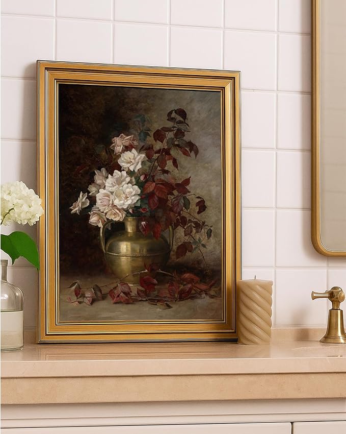 ARPEOTCY Gold Framed Canvas Wall Art, 12x16inch, Classical Rose Art Prints, Vintage Decor for Bathroom Kitchen Dining Room Entryway, Country Autumn Fall Shelf Decor,Small