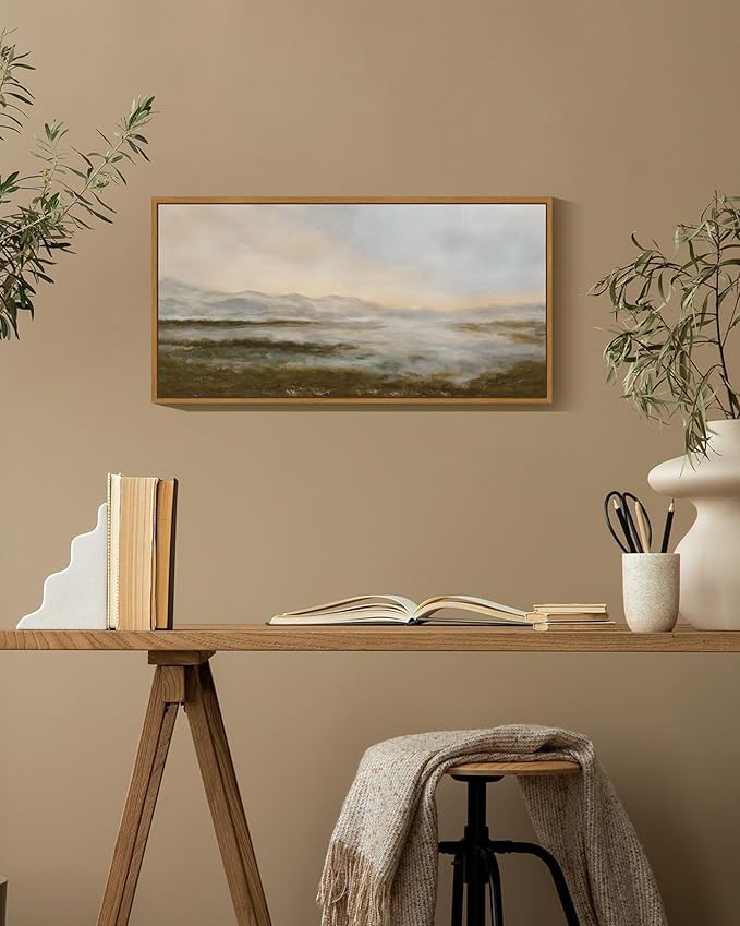 SHENIFY Vintage Framed Wall Art Rustic Dusk in The Forest Landscape Painting Retro Misty Mountains Range Scenery Farmhouse Kitchen Living Room Decor - 8x16in Natural Framed