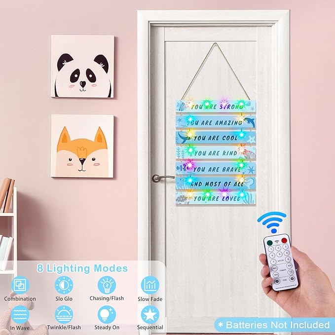 FIOBEE Girls Room Décor for Teen Girls Boys with LED Light Wall Decor for Bedroom Motivational Inspirational Wall Art Girl Room Decoration for Kids Studyroom, 8 Kinds of Lights, Blue Ocean