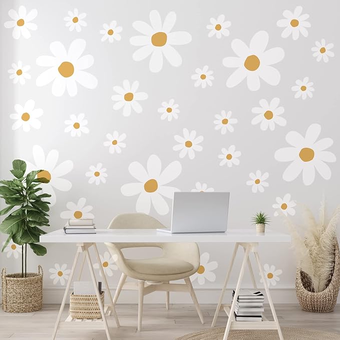 TaoBary 12 Sheet Daisy Wall Sticker Decal Removable Cute Daisy Bedroom Room Decor Flower Wall Sticker Pink White Flower Decal Wallpaper Peel and Stick for Nursery Home(White, Yellow,Cute Style)
