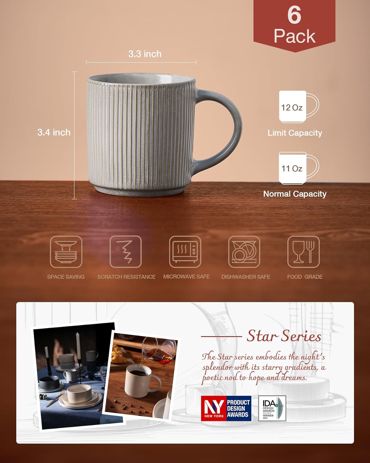 famiware Coffee Mug Set for 6, Star 12 oz Catering Mugs Cup Set with Handle for Coffee, Tea, Cocoa, Milk - Ceramic Stoneware Drinkware Set, Matte Grey
