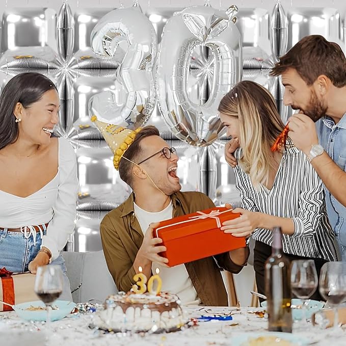 NISOCY 25PCS Metallic Silver Square Foil Balloons Wall Backdrop Chrome Silver Balloon Tunnel Garland Arch Kit for New Year Birthday anniversary Bachelorette Engagement Bridal Shower Party Decorations