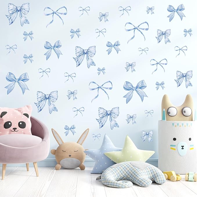 Whaline 12 Sheets Trendy Blue Bow Wall Stickers Watercolor Light Blue Bow Wall Decals Room Mural Stickers for Kids Bedroom Coquette Birthday Party Valentine's Day Home Nursery Decor, 7.9 x 11.8 Inch