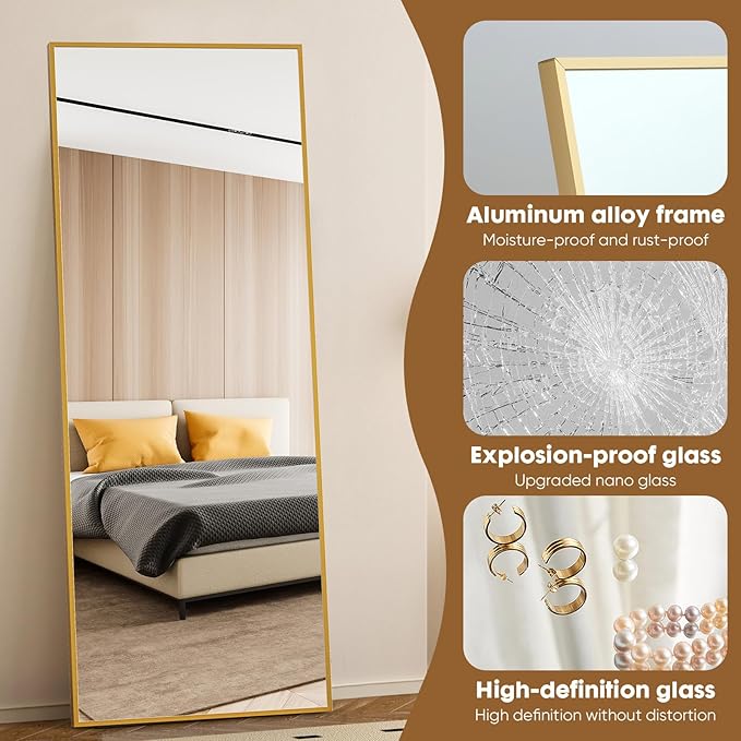 DUMOS Full Length Mirror with Stand 70.4"x25.6" Floor Standing Aluminum Frame for Bedroom Body Hanging Leaning Modern Simple Home Decor Shatter-proorf Nano Glass Wall Living Room Cloakroom Gold