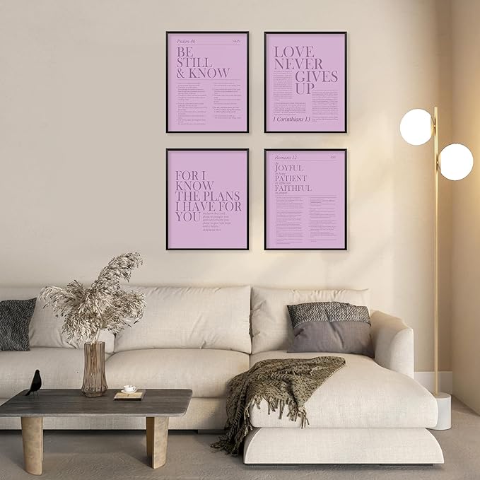 Locomiss Purple Christian Wall Art Decor, Modern Bible Verse Prints, Minimalist Jesus Scripture Wall Decor, Inspirational Bible Posters for Bedroom Office Living Room, Set of 4 (8x10 Unframed)
