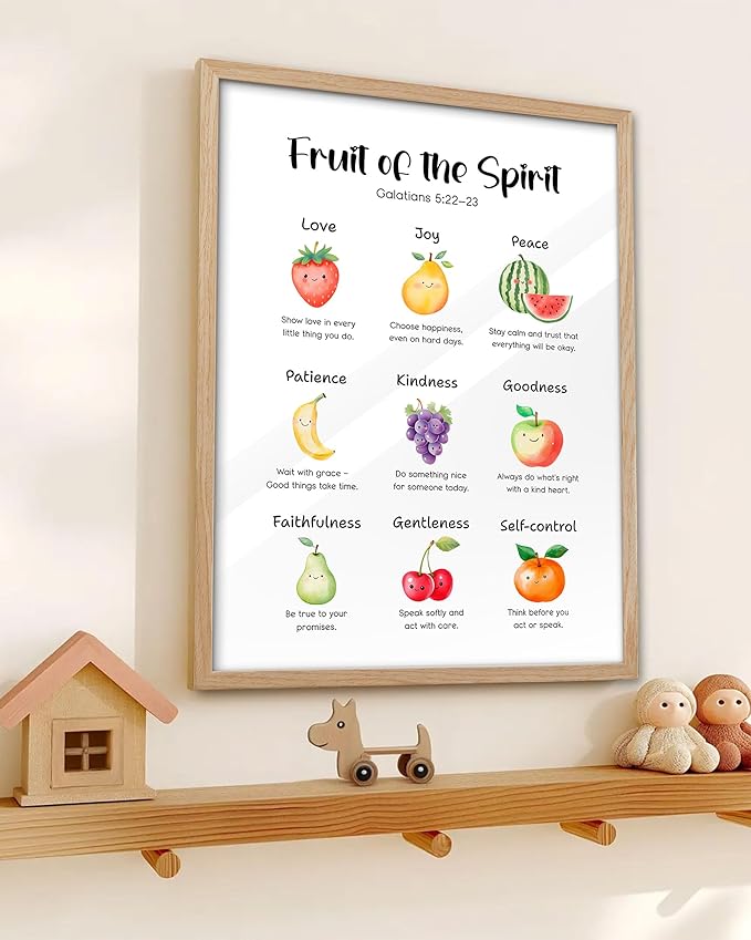 KensTro Christian Bible Verse Framed Wall Art, 12x16 in Fruit of the Spirit for Kids Christian Canvas Wall Art,God Inspirational Scripture Poster Christ Bible Art Print for Boy and Girl Bedroom 1Pack