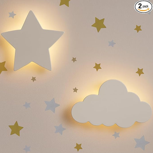 Cloud & Star Wall Lights 2 Pack Dimmable & Rechargeable Nursery Lights for Kids & Baby Room Decor White Made for Bedtime Routines (Star Decals Included)