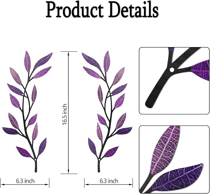 Metal Tree Leaf Wall Decor 2 PCS Rustic Vine Branch Leaf Wall Art for Living Room Bedroom Bathroom Decorations - Dazzling Purple