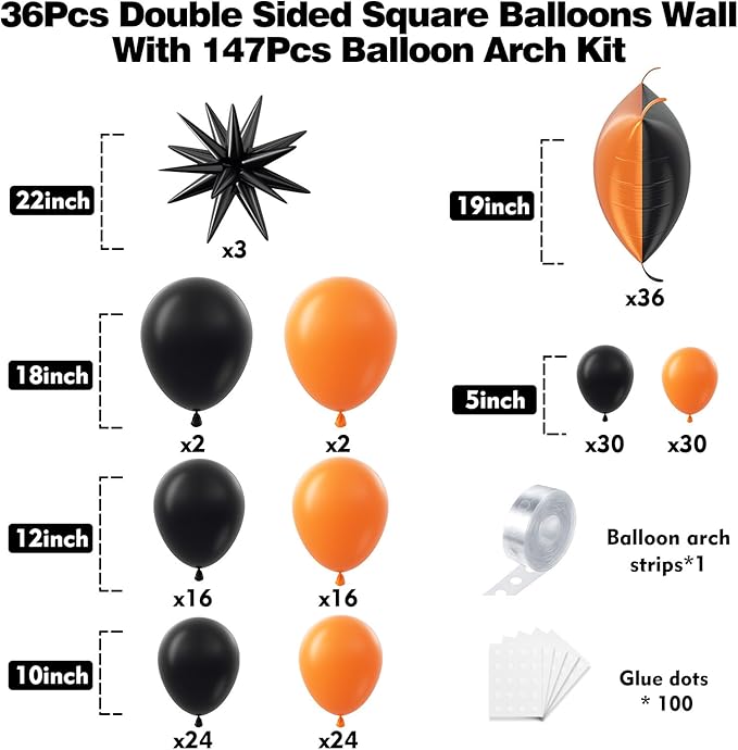 36pcs Black and Orang Square Foil Balloons Wall Backdrop with 147pcs Balloon Garland Arch Kit, Double Sided Balloons for Halloween Graduation Birthday Anniversary Baby Shower Party Decorations