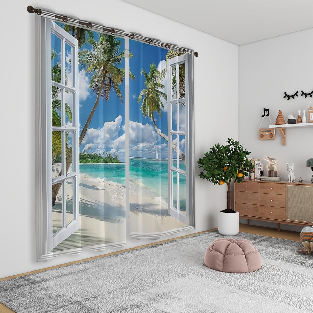 Beach Blackout Curtains for Girls Boys Teens Home Decor, Tropical Summer Scene Ocean Island Palm Tree Grommet Thermal Insulated Drapes Darkening Window Curtain for Bedroom Living Room, 72 x 63 Inch