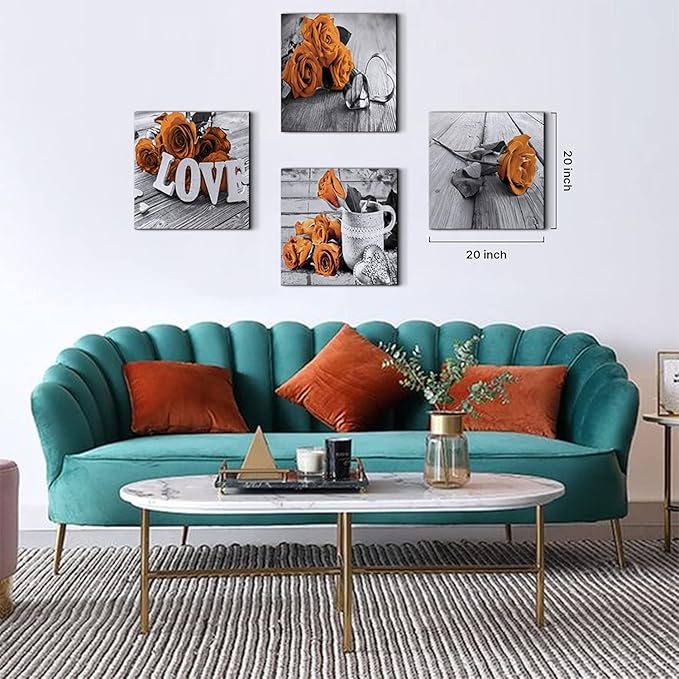 Black and White Bedroom Wall Decor Orange Rose Canvas Prints Art Aesthetic Flower Painting Picture 4 Pcs Sets Accessories Gray Wood Grain Mordern Valentines Office Bathroom Artwork Girls Gift 8 x 8"