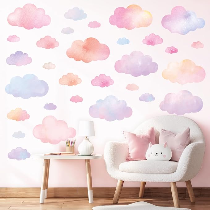 DECOWALL DS4-8094 Pastel Cloud Wall Stickers – Watercolor Sky Decals for Kids’ Room, Nursery & Playroom – Removable & Repositionable Wall Art – 64.8 × 55.7 cm / 25.5 × 21.9 in