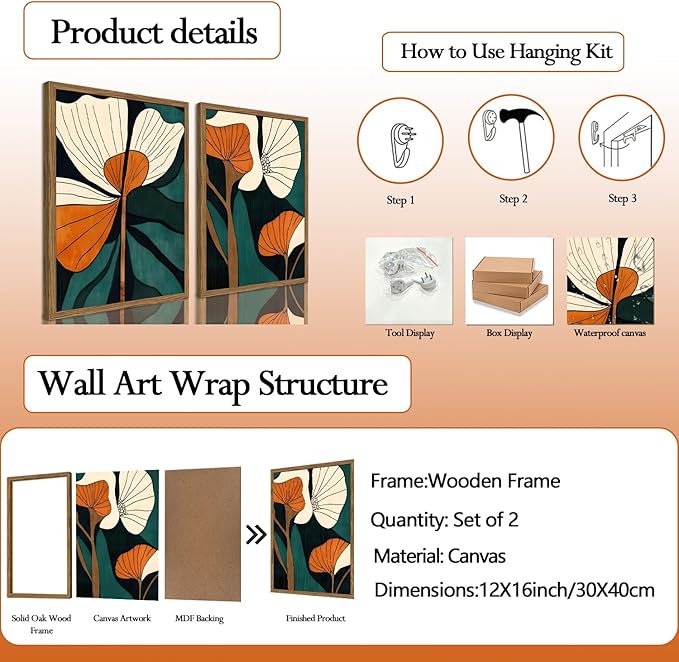 Mid Century Modern Flower Wall Art Vintage Abstract Botanical Wall Decor Painting Set of 2 Mid Century Boho Dark Floral Poster Canvas Print Pictures for Living Room Bedroom 12x16 inch Wood Framed