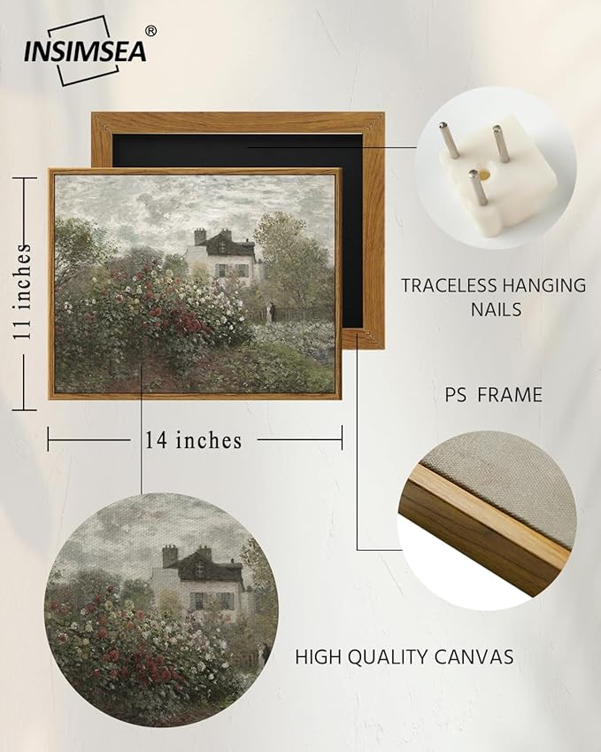 InSimSea Framed Canvas Wall Art Vintage Decor, Garden Full of Flowers Oil Painting Wall Prints by Claude Monet, Retro Scenic Bathroom Decor, Farmhouse Office Dining Room Decor, 11"x14"