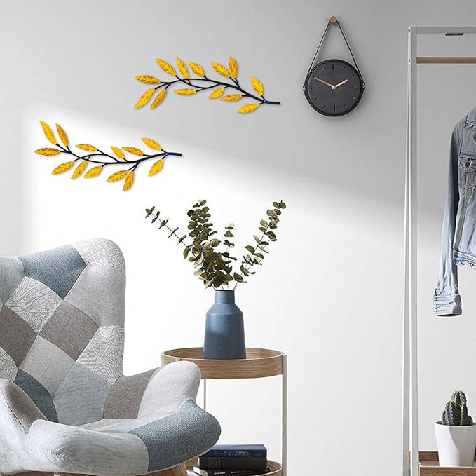 Metal Tree Leaf Wall Decor 2 PCS Rustic Vine Branch Leaf Wall Art for Living Room Bedroom Bathroom Decorations - Golden Yellow