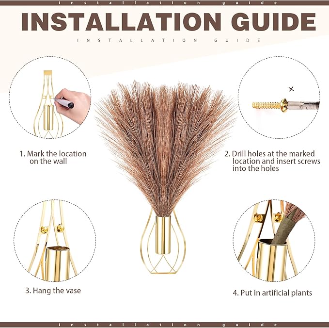 Otoolling 2 Pieces Hanging Plant Wall Decor with Artificial Pampas Grass Metal Hanging Vase Modern Geometric Farmhouse Bohemian Wall Art for Living Room Bedroom Kitchen Bathroom Office(Gold, Brown)