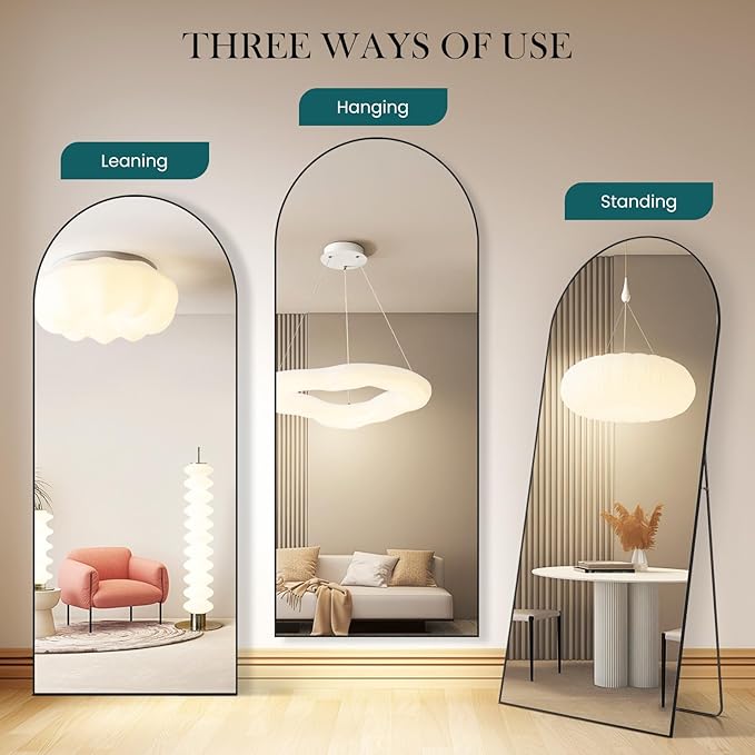 DUMOS Arched Full Length Mirror with Stand Floor Standing Aluminum Frame for Bedroom Body Hanging Leaning Modern Simple Home Decor Shatter-proorf Nano Glass Wall Living Room Natural Black, 70.4"x25.6"