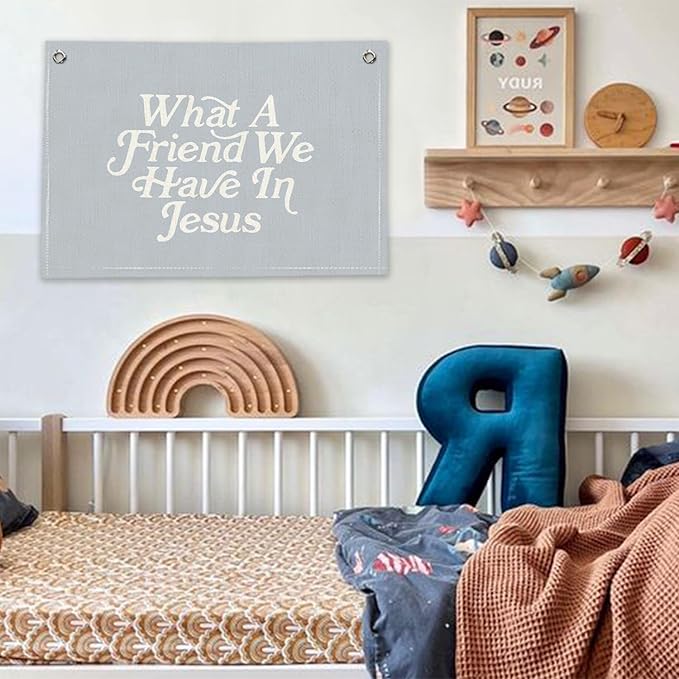 RTXLEZM Christian Home Room Decor, What a Friend We Have in Jesus Christian Canvas Banner Wall Hanging,Blue Minimalist Bible Verse Wall Art Prints for Home Bedroom Prayer Room Church Decor,20x30 Inch