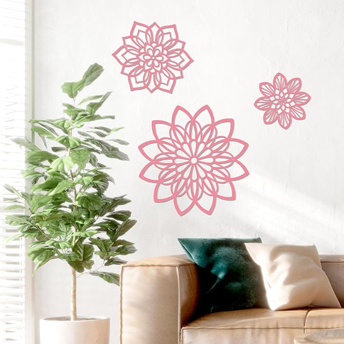 3 Pieces Metal Flowers Wall Decor, Black Wall Decoration Metal, Flower Art Wall Decor Farmhouse Wall Decorations Multiple Flowers Hanging Decor for Bathroom Living Room Home Kitchen Garden Office (Pink Elegant)