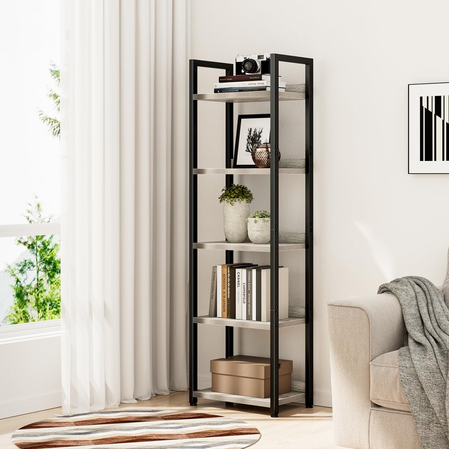 NUMENN Narrow Bookshelf, 5 Tier Bookshelves, Home Office Bookcase Shelf Storage Organizer, Free Standing Storage Shelving Unit for Bedroom, Living Room and Home Office, Grey