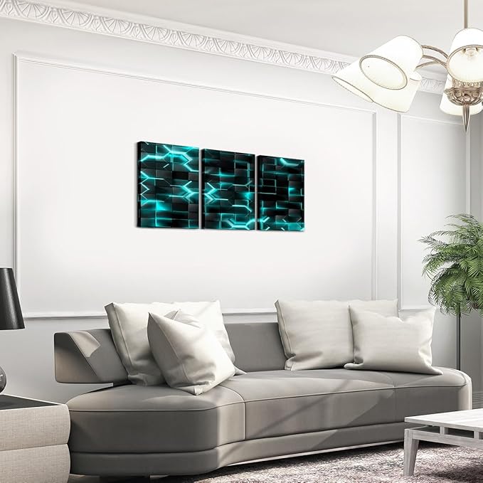 Feelyou TealBlue and Black Picture Wall Decor 12"x16" 3 Piece Honeycomb Canvas Wall Art Decor Hexagon Theme Office Decorations Artwork Posters Geometrical Beehive Painting