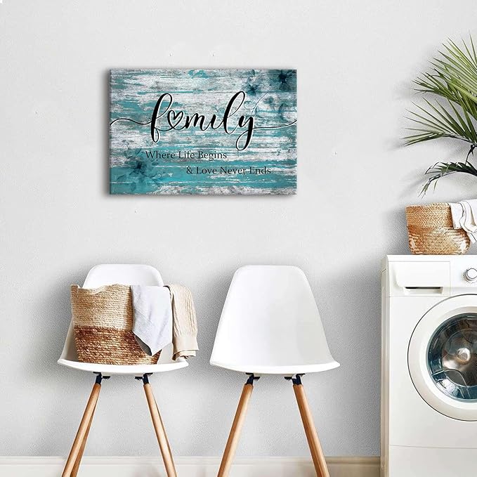 Family Sign Wall Decor Teal Wall Art Where Life Begins Love Never Ends Signs Poster Turquoise Picture Blessed Wall Decor Farmhouse Painting Artwork for Living Room Kitchen Home Decorations 16x24"