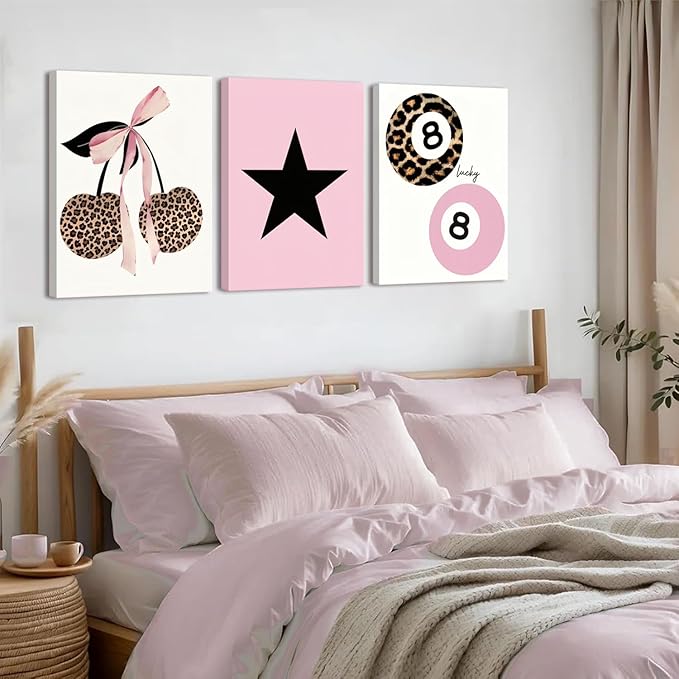 Trendy Pink Leopard Bow Canvas Wall Art Set of 3 Funky Cherry Lucky 8 Ball Posters Prints Wall Decor Cute Coquette Preppy Aesthetic Pictures for Girls Bedroom Dorm Apartment 16x24 In Framed