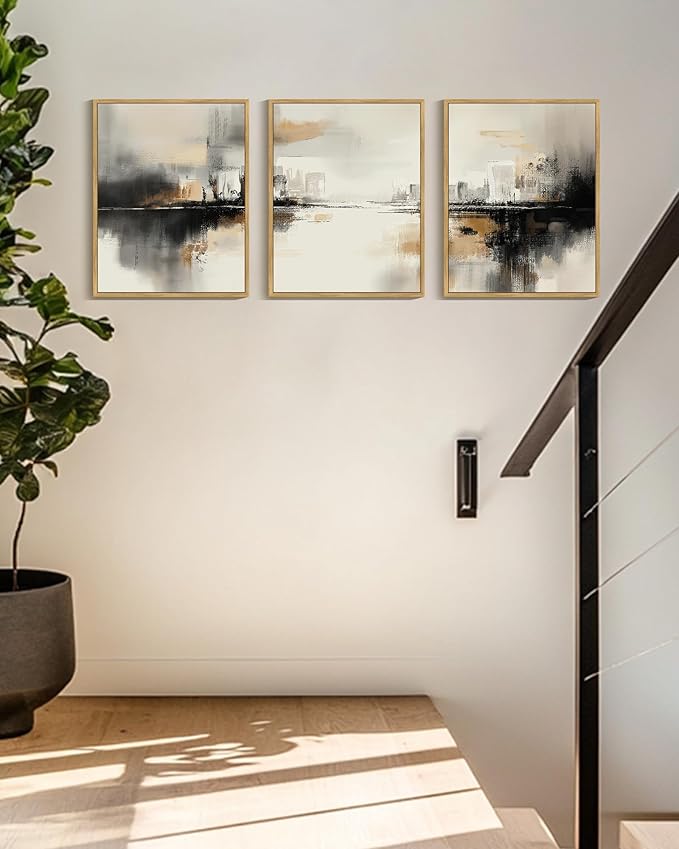 Drsoum Vintage Black Gray Abstract Wall Art Framed Brown Tan Neutral Prints Minimalist Modern Rustic Artwork Bedroom Living Room Ready to Hang 11x14in Natural Framed