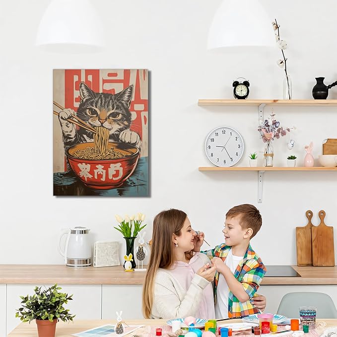 Framed Funny Black Cat Canvas Wall Art Set of 2, Vintage Japanese Cat Eating Ramen Poster, Unique Gifts and Animal Lover Printing Picture for Living Room Kitchen Dining Room Wall Decor 16x24 Inch