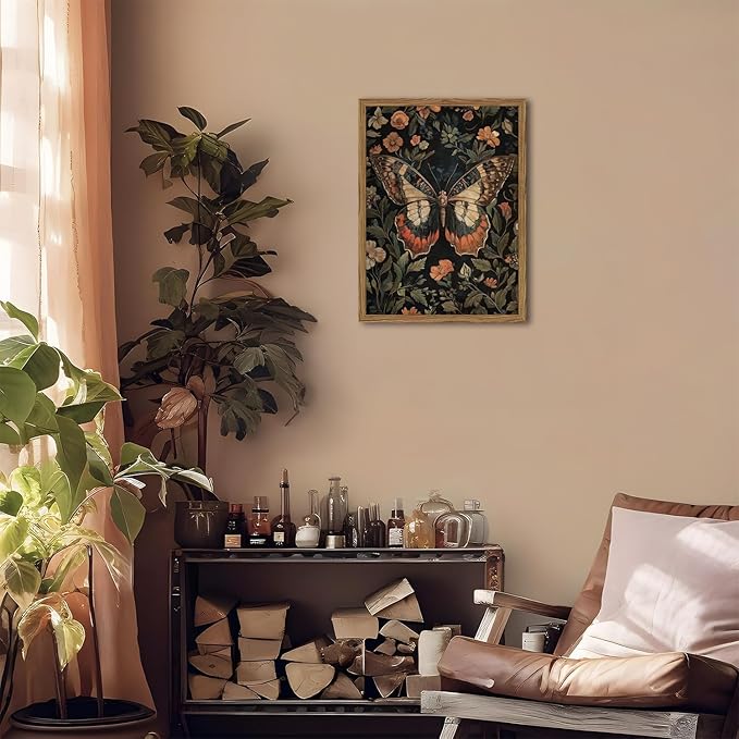 Framed Vintage Butterfly Wall Art, Dark Academia Flowers Insect Pictures Wall Decor Paintings, 3D Textured Sandstone Nature Botanical Prints for Living Room Bedroom Office Home Decor 16x24 inch