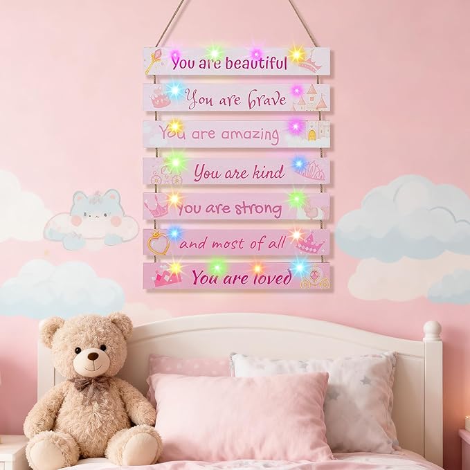 FIOBEE Girls Room Décor for Teen Girls Boys with LED Light Wall Decor for Bedroom Motivational Inspirational Wall Art Girl Room Decoration for Kids Studyroom, 8 Kinds of Lights, Pink Princess