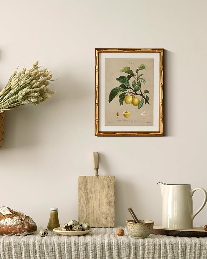 InSimSea Gold Bamboo Framed Canvas Wall Art, Retro Nature Plum Botanical Paintings, Antique Vintage Picture Frame with Mat, Victorian Home Wall Decor for Living Room Kitchen Dining, 11x14inch