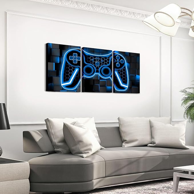 Feelyou Gamer Canvas Wall Art Gaming Bathroom Wall Art for Home Decor 12"x16" 3 Piece for Lighting Honeycomb Game Controller Office Wall Artwork Posters Blue and Black Geometric Wall Painting