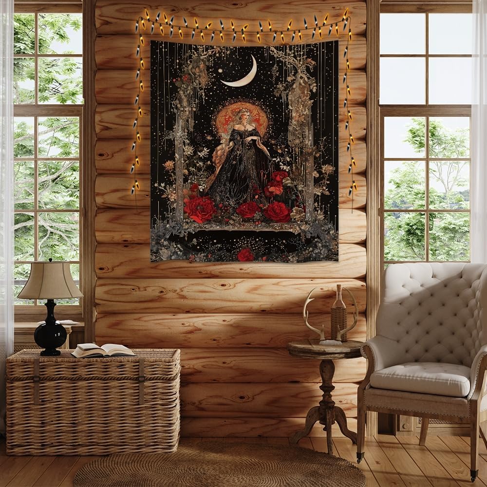 Dark Academia Moon Goddess Tapestry Gothic Fantasy Rose Wall Art Mystical Witchy Woman Print Victorian Artwork Aesthetic Tapestries Wall Hanging for Girls Room Bedroom Decor 40x60inch