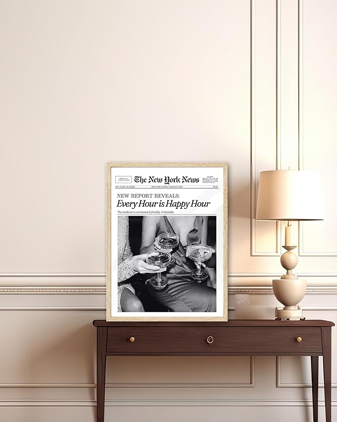 iHery Unframed Trendy NewsPaper Black Wall Art Prints Set of 1, 12x16in Canvas Wall Art Prints, Happy Hour New York News Every Hour is Happy Hour,Girl Dorm Retro Art for Living Room Home Décor 1Pack