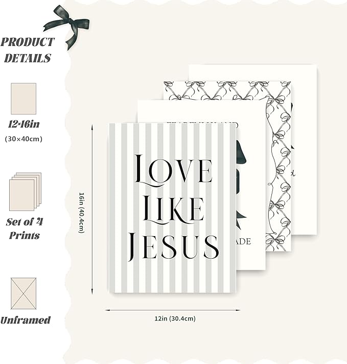 LARTSFRO Coquette Black Bow Jesus Wall Art Decor Posters, Black Bow Room Christian Bedroom Bathroom Wall Art Decor Aesthetic for Teen Girls College Gifts, Inspirational Bible Verses Bow Wall Decor, 12x16 Inch Set of 4 Bow Pictures(UNFRAMED)